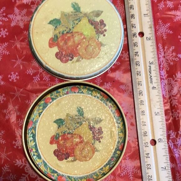 Coasters set of four metal and cork vintage coasters with fruit basket, motif in - Picture 1 of 3
